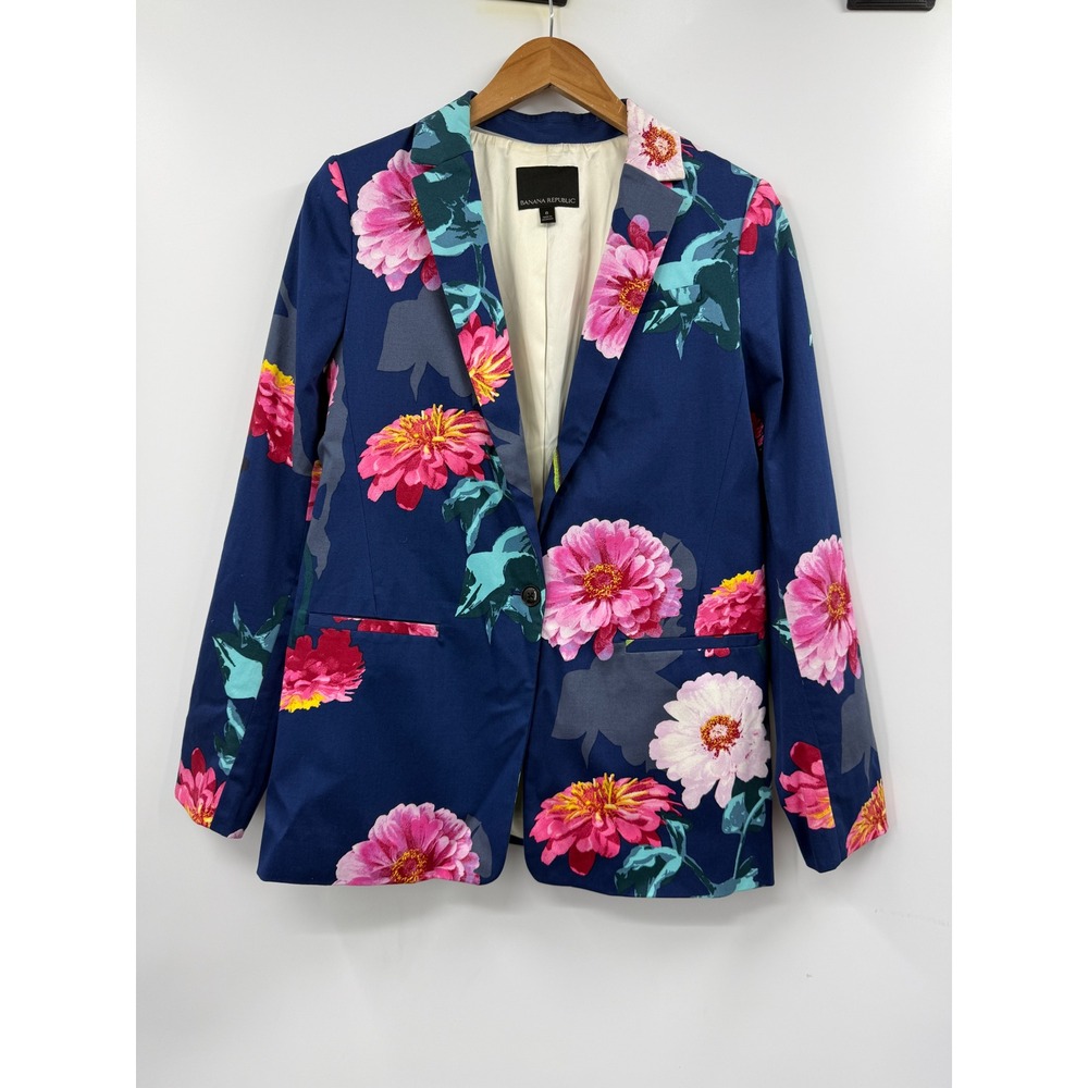 Banana Republic Women Navy Blue Pink Floral Single Button Blazer Size 8